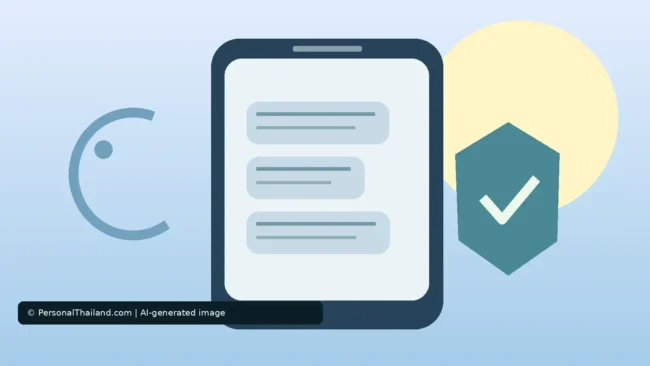 AI-created illustration of a smartphone showing message bubbles next to a shield with a check mark