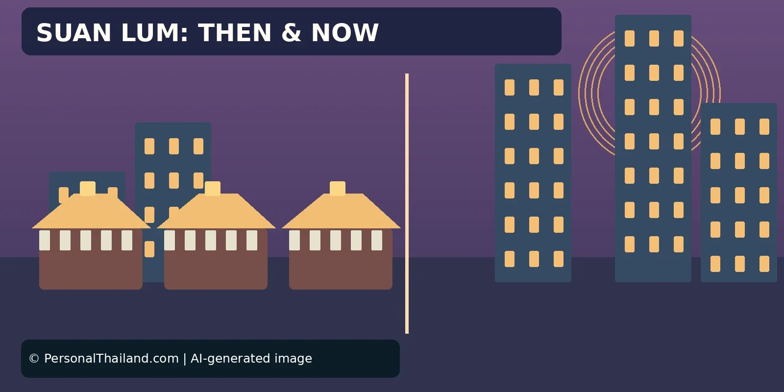 AI-created illustration of small low-rise market buildings in front of tall city towers at dusk, under the heading 'Suan Lum: Then & Now'