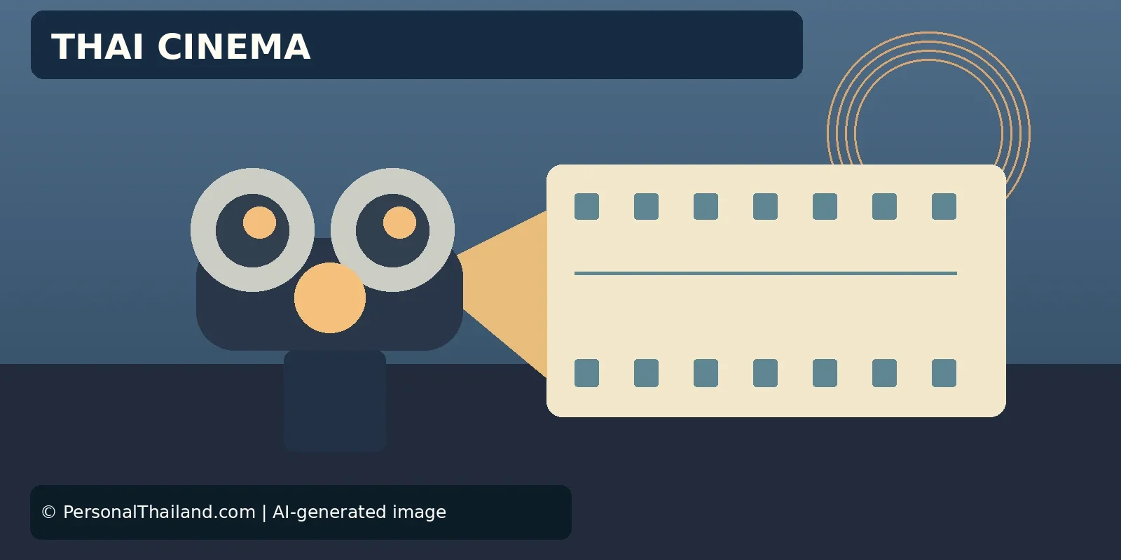 Thai Movies: How to Discover Films, Archives and Screenings in Thailand (illustration) AI-created illustration of a film camera projecting onto a strip of film, under the heading 'Thai Cinema'