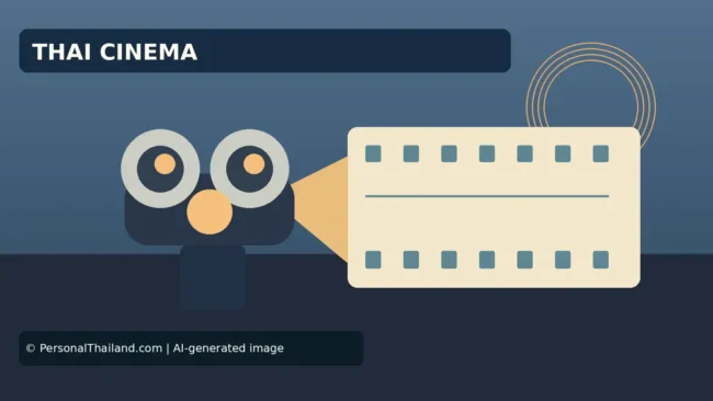 AI-created illustration of a film camera projecting onto a strip of film, under the heading 'Thai Cinema'