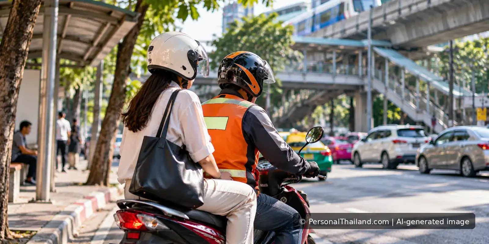 Helmeted motorcycle taxi driver carrying a helmeted passenger on a busy Bangkok street