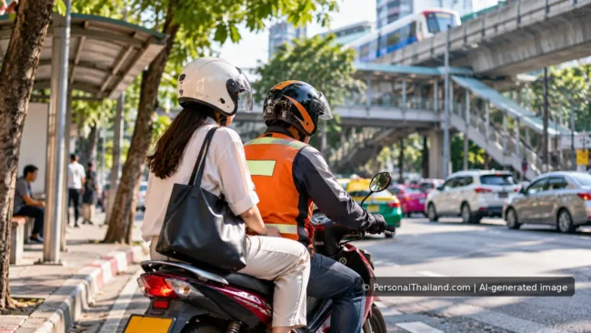Helmeted motorcycle taxi driver carrying a helmeted passenger on a busy Bangkok street