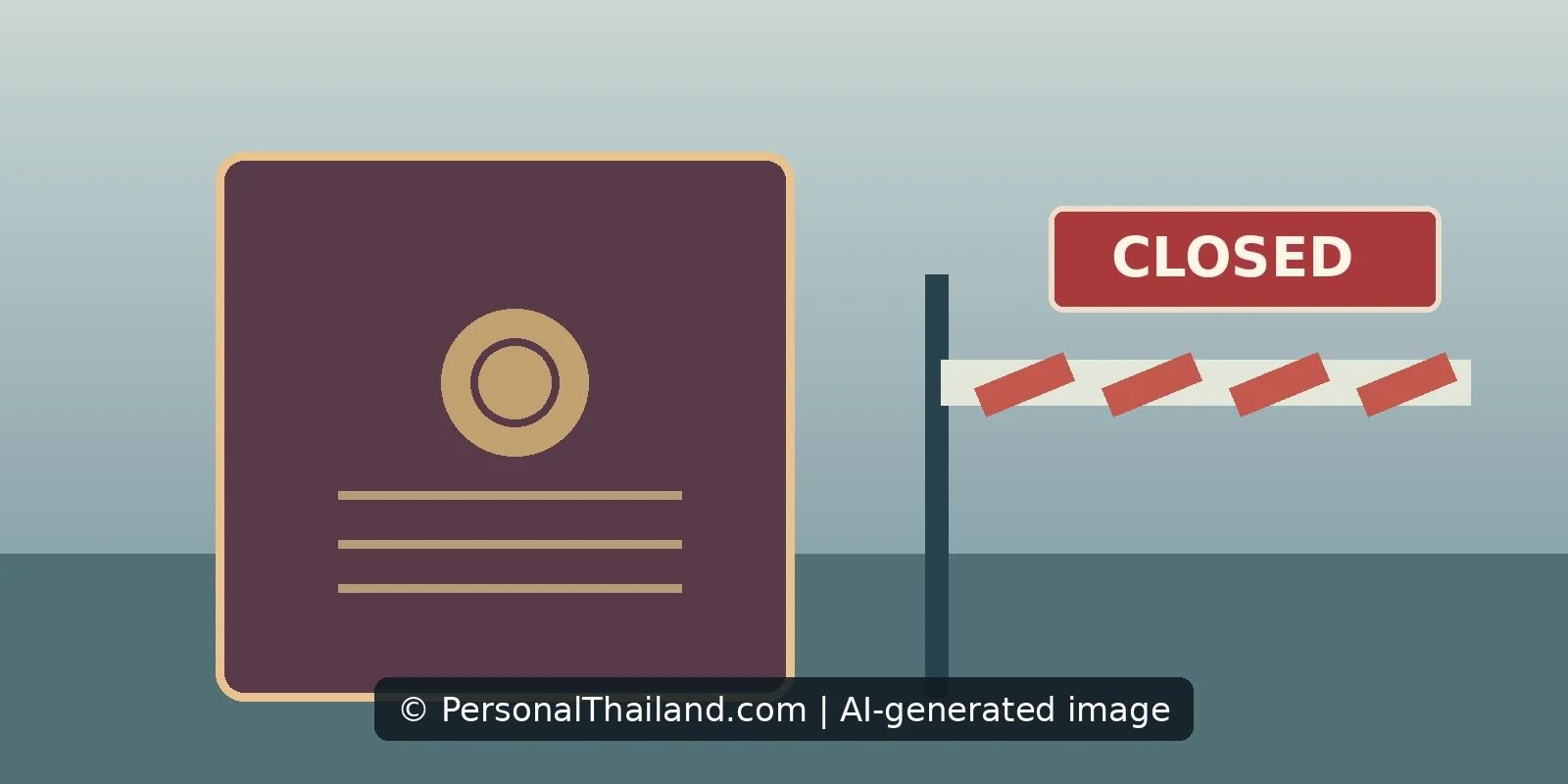 AI-created illustration of a passport next to a lowered border barrier with a sign reading CLOSED