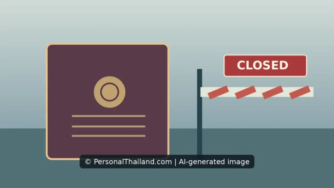 AI-created illustration of a passport next to a lowered border barrier with a sign reading CLOSED