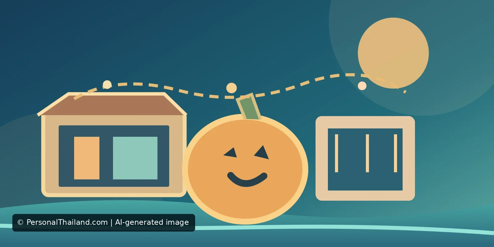 AI-created illustration of a smiling jack-o'-lantern pumpkin between a small shopfront and a window under a string of lights and a moon by the water, with no people and no real event depicted