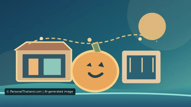 AI-created illustration of a smiling jack-o'-lantern pumpkin between a small shopfront and a window under a string of lights and a moon by the water, with no people and no real event depicted