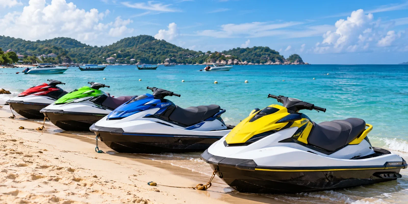 Jet Ski Scams in Thailand: How to Rent Safely (illustration) AI-generated illustration of jet skis parked on a tropical Thai beach