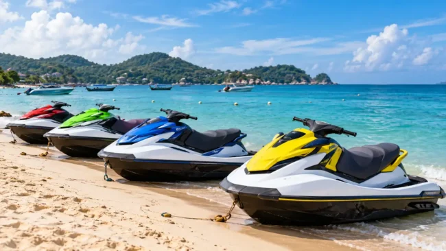 AI-generated illustration of jet skis parked on a tropical Thai beach
