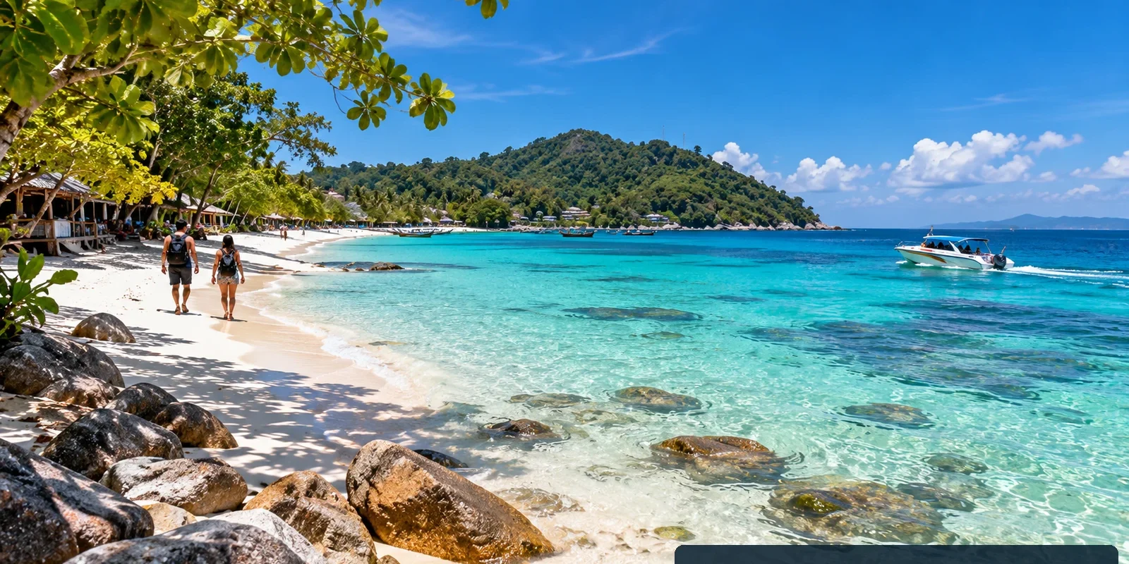 How to Get to Koh Lipe: Boats, Airports and Travel Planning (illustration) Tropical island beach with white sand, turquoise water, trees and a speedboat in a Koh Lipe-inspired coastal scene; AI-generated image