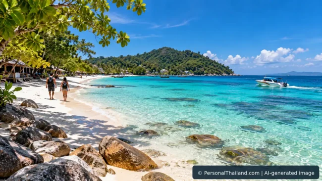 Tropical island beach with white sand, turquoise water, trees and a speedboat in a Koh Lipe-inspired coastal scene; AI-generated image