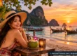Woman in a straw hat at a beachside table overlooking traditional long-tail boats and limestone cliffs reminiscent of Koh Phi Phi; AI-generated image