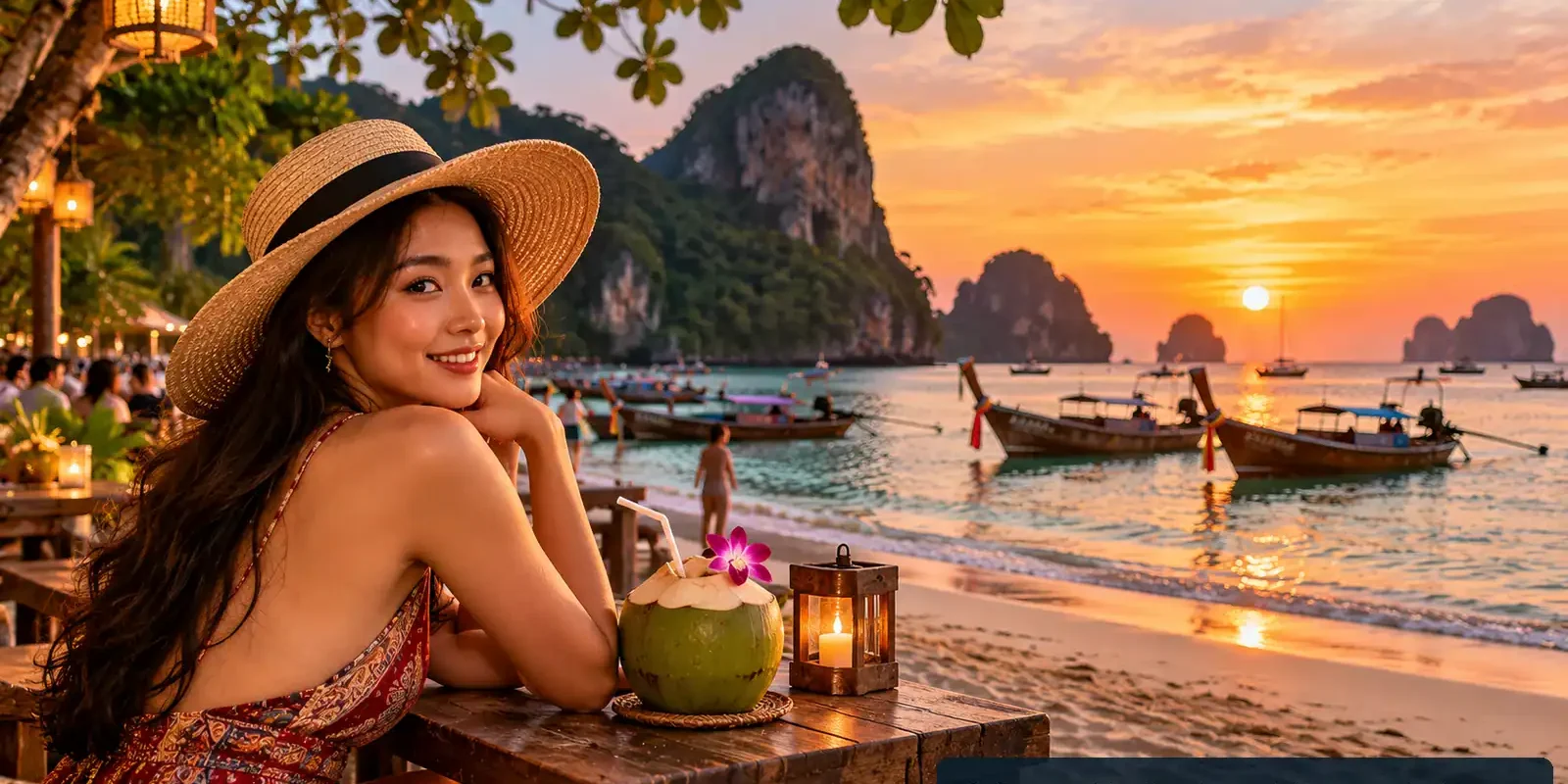 How to Travel to Koh Phi Phi: Ferry Routes, Timing and Safety (illustration) Woman in a straw hat at a beachside table overlooking traditional long-tail boats and limestone cliffs reminiscent of Koh Phi Phi; AI-generated image