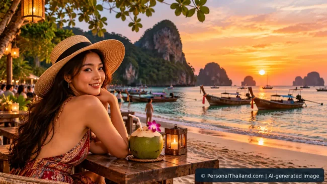 Woman in a straw hat at a beachside table overlooking traditional long-tail boats and limestone cliffs reminiscent of Koh Phi Phi; AI-generated image