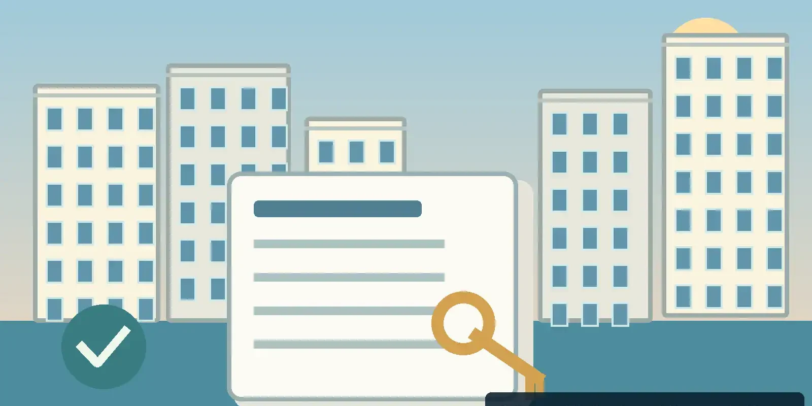 Modern Pattaya coastal condominiums with a property checklist, key and legal-document symbols; AI-assisted editorial illustration