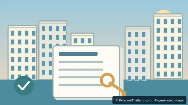 Modern Pattaya coastal condominiums with a property checklist, key and legal-document symbols; AI-assisted editorial illustration