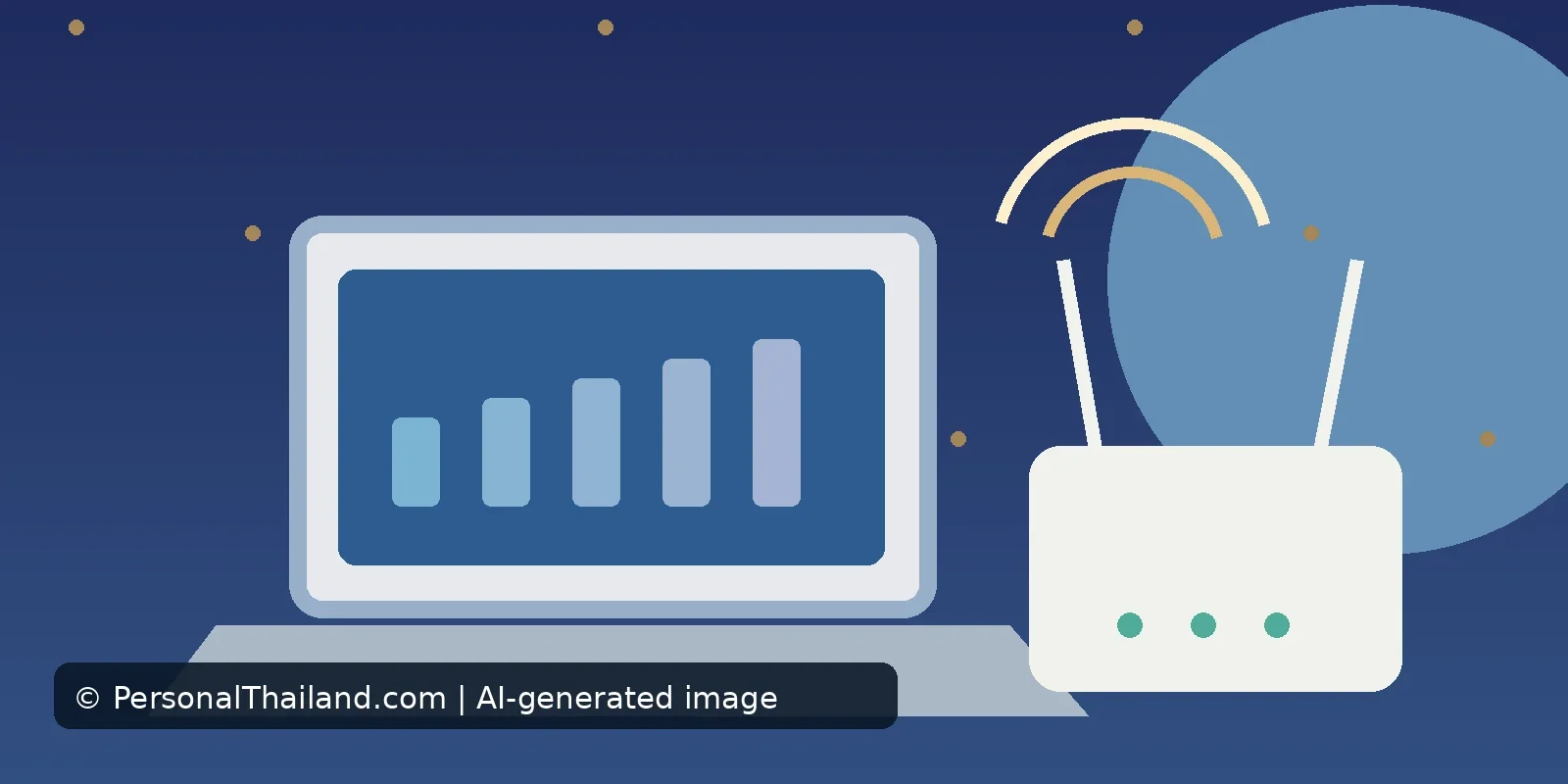 Best Internet Provider in Thailand: How to Compare Home Connections (illustration) AI-created illustration of a laptop showing a rising bar chart beside a Wi-Fi router with signal arcs
