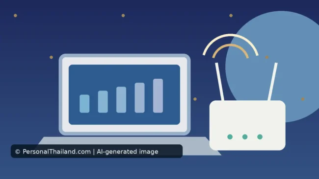 AI-created illustration of a laptop showing a rising bar chart beside a Wi-Fi router with signal arcs