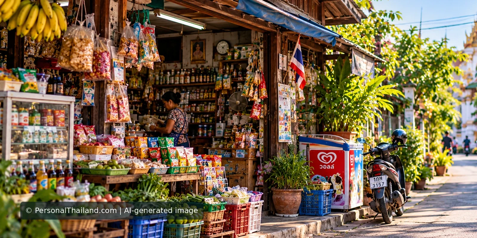 Thailand’s Mom-and-Pop Shops: How to Shop Local and Compare Prices (illustration) Photorealistic Thai neighborhood shop with produce and goods
