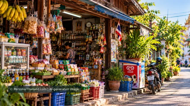 Thailand’s Mom-and-Pop Shops: How to Shop Local and Compare Prices (illustration) Photorealistic Thai neighborhood shop with produce and goods