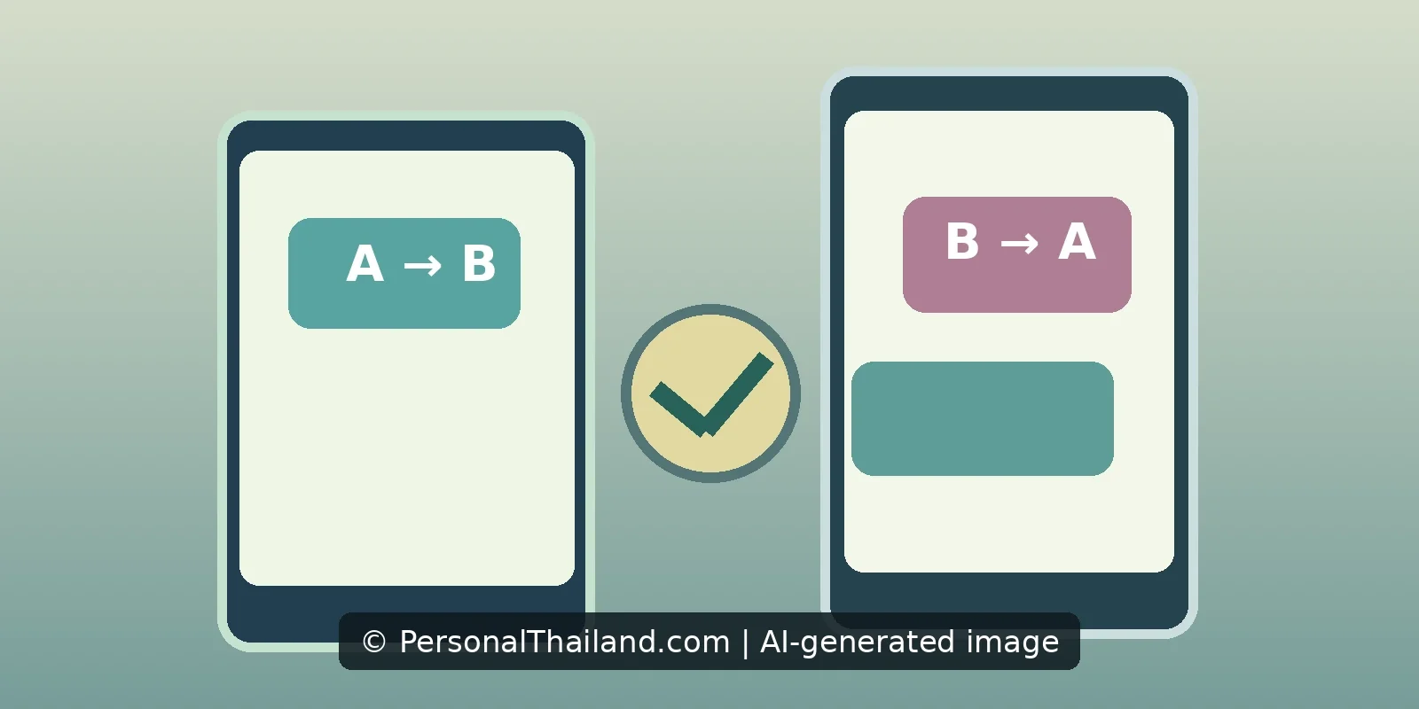 AI-created illustration of two phones showing translation labels A → B and B → A with a check mark between them