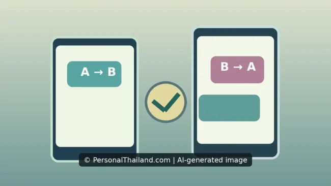 Thai–English Translation Services: Free Tools, Privacy and Human Review (illustration) AI-created illustration of two phones showing translation labels A → B and B → A with a check mark between them