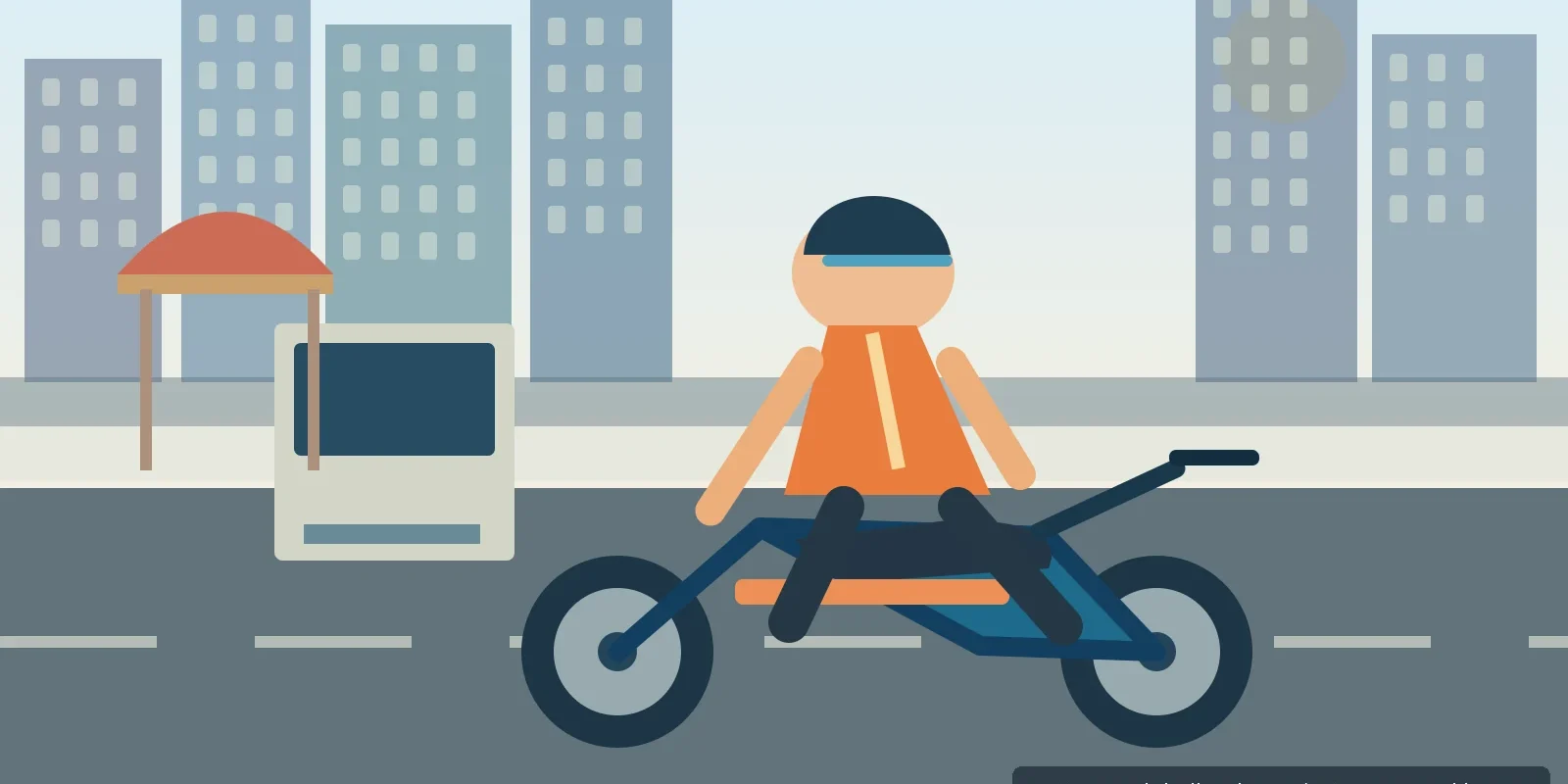 Editorial illustration of an orange-vested motorcycle taxi rider on a Bangkok road