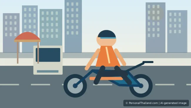 Editorial illustration of an orange-vested motorcycle taxi rider on a Bangkok road