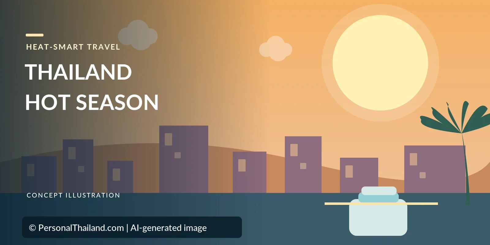 Thailand Hot Season: Staying Comfortable and Recognising Heat Risks (illustration) AI-created illustration of a large sun over a row of city buildings and a palm tree, with a refillable water container in the foreground and the heading 'Thailand Hot Season'