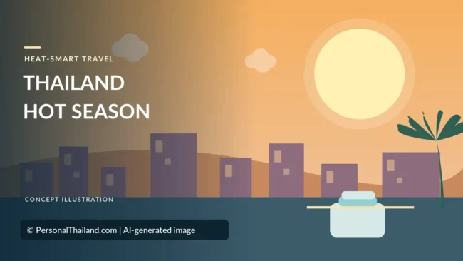 AI-created illustration of a large sun over a row of city buildings and a palm tree, with a refillable water container in the foreground and the heading 'Thailand Hot Season'