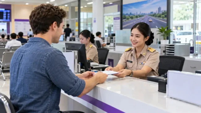 AI-generated illustration of a customer speaking to staff at a driving licence service counter