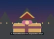 AI-created illustration of a wrapped gift box with a bow in front of a Thai-style temple roof at dusk