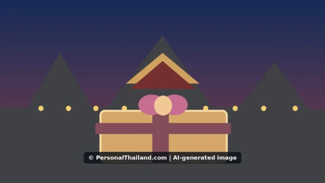 AI-created illustration of a wrapped gift box with a bow in front of a Thai-style temple roof at dusk