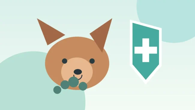 Illustration of a dog, first-aid shield and clinic cross for rabies awareness in Thailand