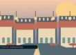 AI-created illustration of a street lined with shopfronts with red awnings and lamps under an evening sky