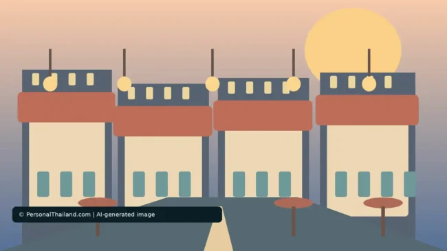 Soi Arab in Bangkok: Food, Culture and Visiting Sukhumvit 3/1 (illustration) AI-created illustration of a street lined with shopfronts with red awnings and lamps under an evening sky