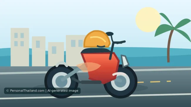 Motorbike Driving in Pattaya: Practical Safety Guide (illustration) AI-generated vector illustration of a red scooter with a helmet resting on the seat on a generic coastal city road, not a documented Pattaya street