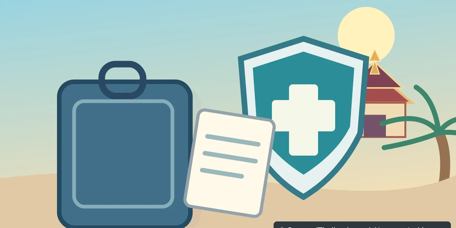 Editorial illustration showing a travel insurance document, first aid symbol, suitcase and Thailand itinerary, AI-generated image