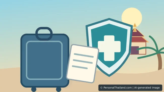 Editorial illustration showing a travel insurance document, first aid symbol, suitcase and Thailand itinerary, AI-generated image