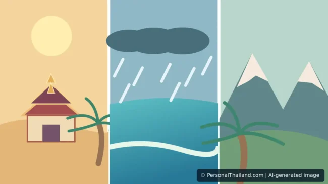 Illustrated split seasonal travel scene showing Thailand sunshine, monsoon showers and northern mountain scenery, AI-generated image