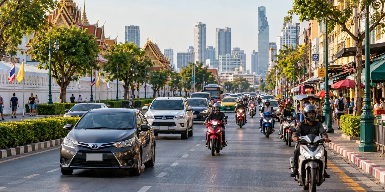 AI-generated illustration of city traffic in Thailand with cars and motorbikes