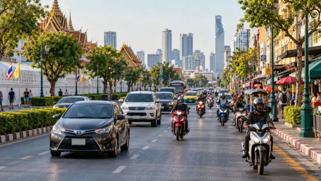 AI-generated illustration of city traffic in Thailand with cars and motorbikes