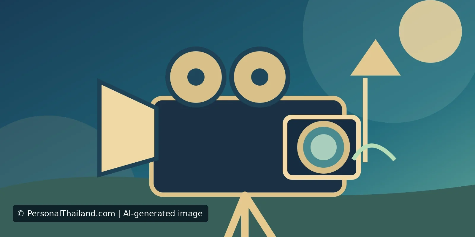 AI-created illustration of a vintage reel film camera on a tripod against a stylised landscape, symbolising film production rather than a real set or permit