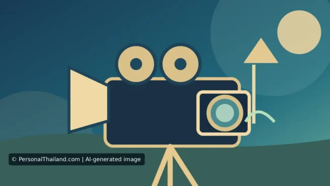 AI-created illustration of a vintage reel film camera on a tripod against a stylised landscape, symbolising film production rather than a real set or permit
