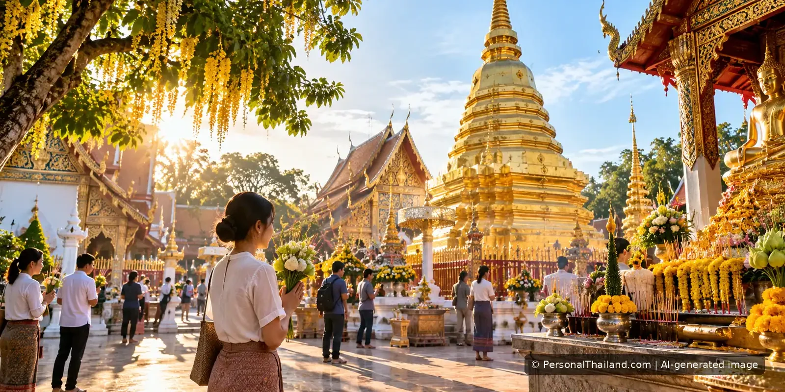 Conceptual AI illustration of visitors offering flowers at a Buddhist temple in Thailand, representing religious holidays and local traditions