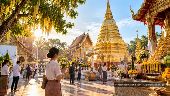 Thailand Public Holidays: What a 2010 Calendar Teaches Travellers Today Conceptual AI illustration of visitors offering flowers at a Buddhist temple in Thailand, representing religious holidays and local traditions