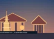 AI-created illustration of a Thai temple hall, a smaller pavilion and a golden spired chedi under a purple evening sky, with round glowing lamps