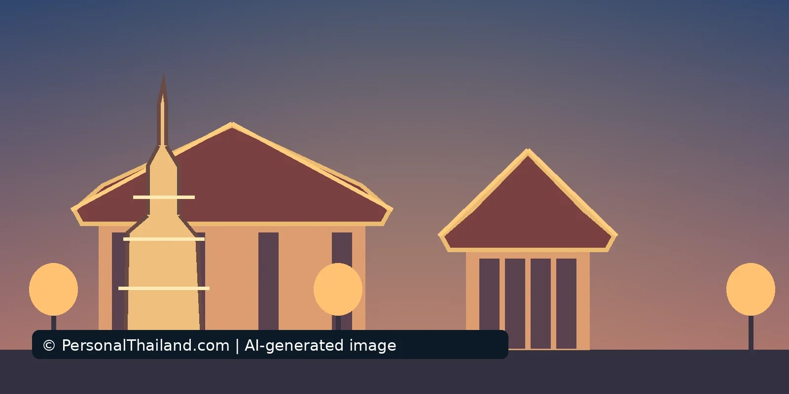 AI-created illustration of a Thai temple hall, a smaller pavilion and a golden spired chedi under a purple evening sky, with round glowing lamps
