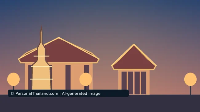 Can You Visit Wat Pho in the Evening? Hours, Temples and Planning (illustration) AI-created illustration of a Thai temple hall, a smaller pavilion and a golden spired chedi under a purple evening sky, with round glowing lamps