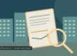 AI-created illustration of a document being examined under a magnifying glass in front of stylised condominium buildings, symbolising property checks rather than any real project
