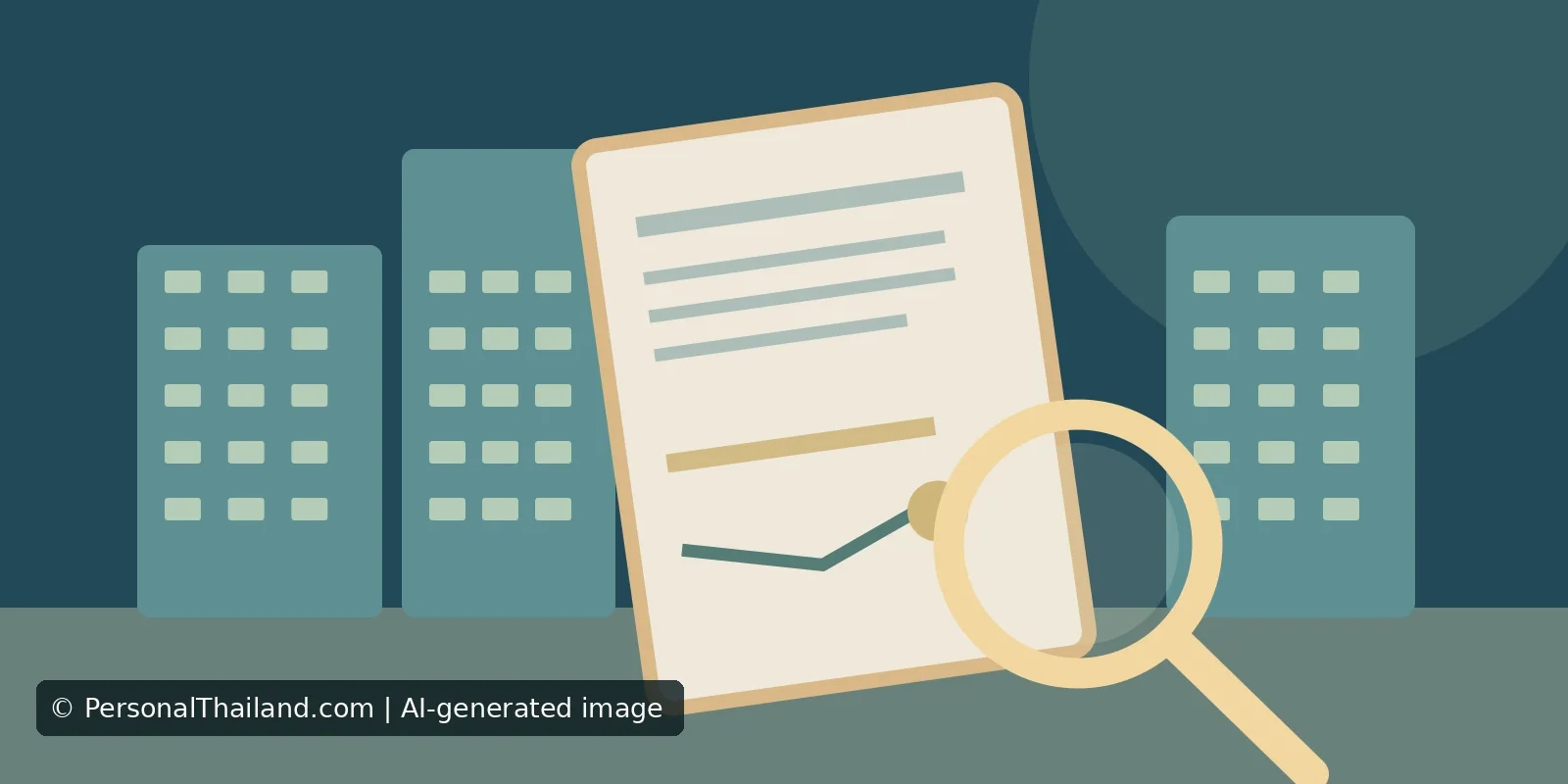 AI-created illustration of a document being examined under a magnifying glass in front of stylised condominium buildings, symbolising property checks rather than any real project